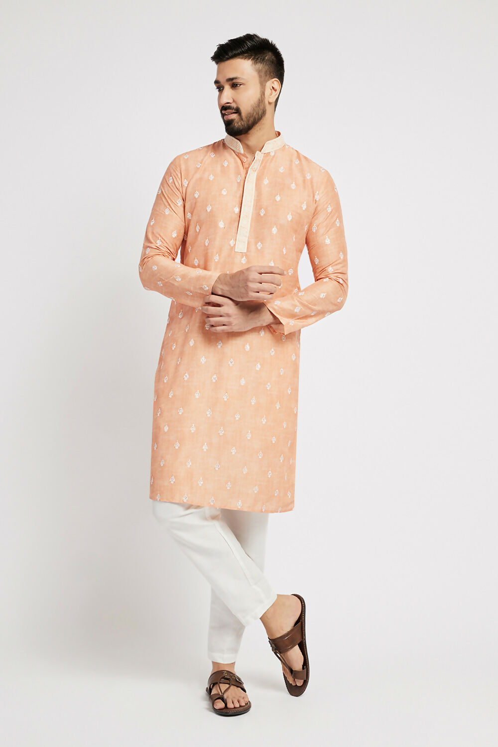 Ethnic India Orange Men's Kurta Ethnic Motifs Polyester | Swadesiicart