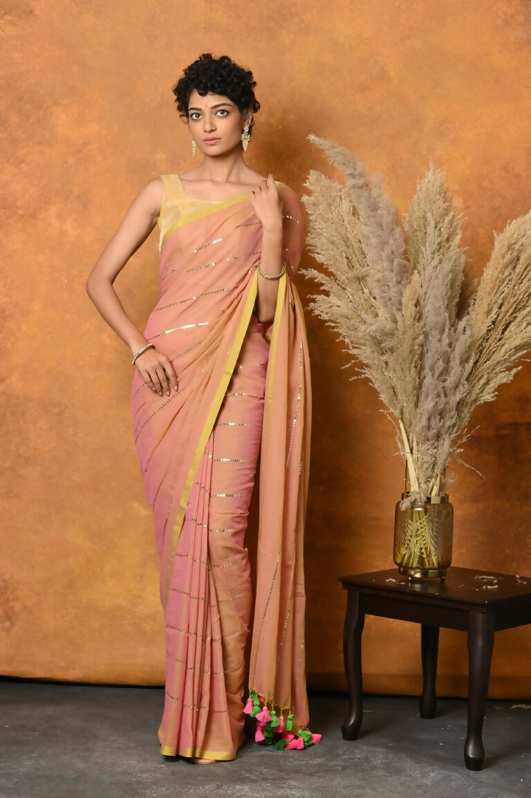 Very Much Indian Designer Mul Cotton Handloom Saree with Sequins - Peach | Swadesiicart