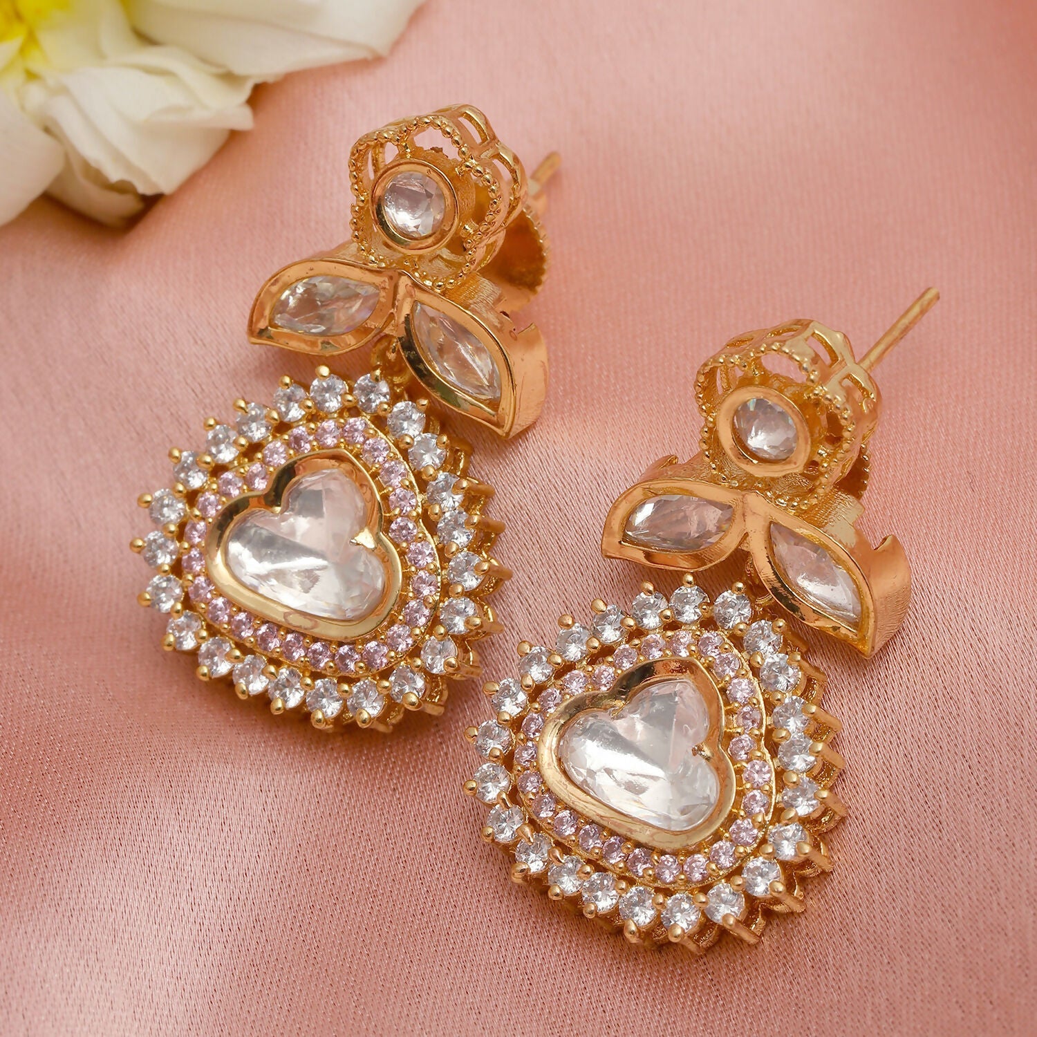 Kundan and Diamond with Pink Stones Dangler Earrings (Gold) - Ruby Raang - Swadesiicart