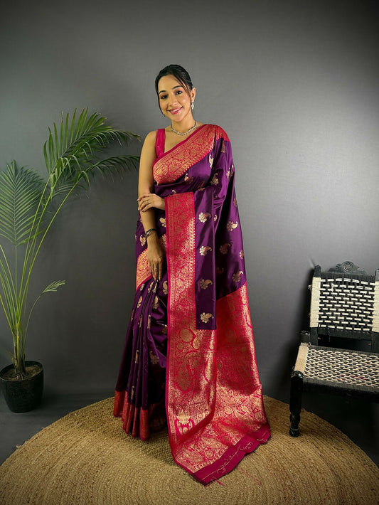Joban Fashion Banarasi Purple Woven Butti Soft Silk Saree | Swadesiicart