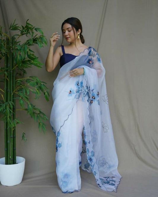 Vamsee Mudra White Organza Saree - Swadesiicart