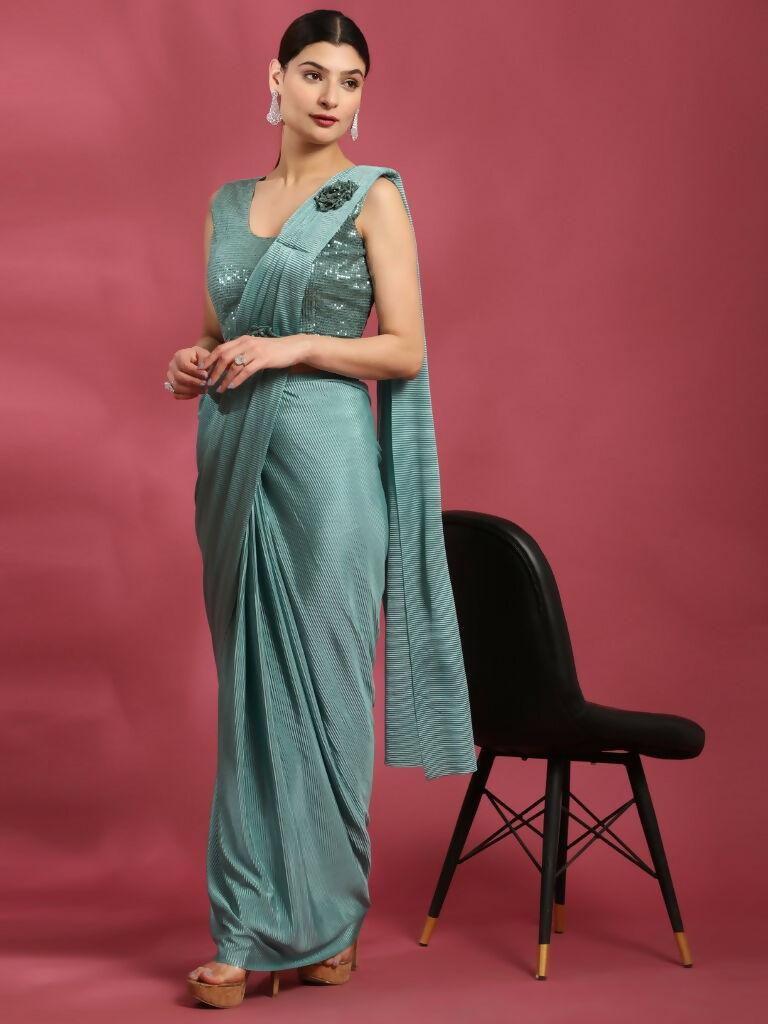 Sea Green Imported Crush Lycra Texture Pattern Ready to Wear Saree with stitched Blouse - Nirvana | Swadesiicart