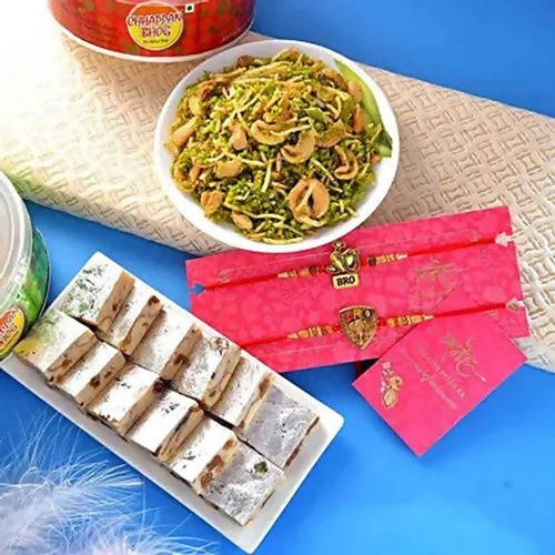 Sea Blue Embellished Rakhi & Kaju Anjeer Barfi Hamper | Swadesiicart