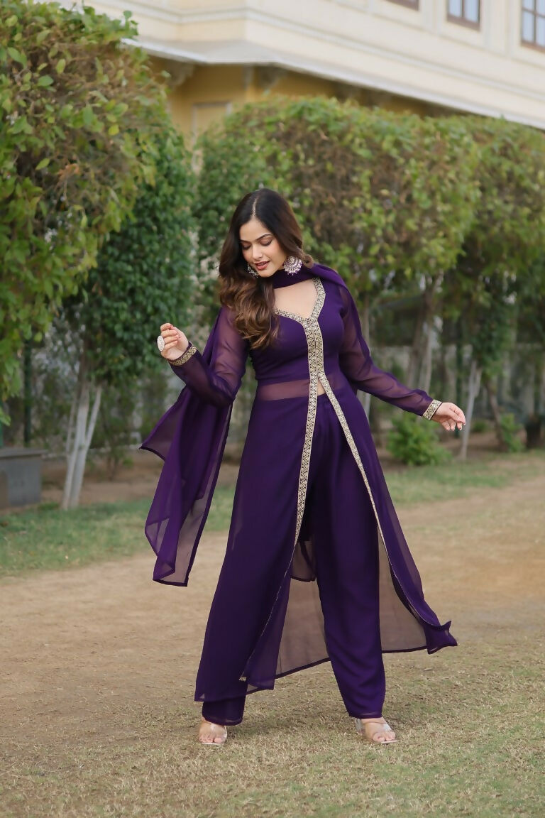 Jyoti Fashion Women's Purple Faux Blooming Embroidered Kurta with Trouser & Dupatta | Swadesiicart