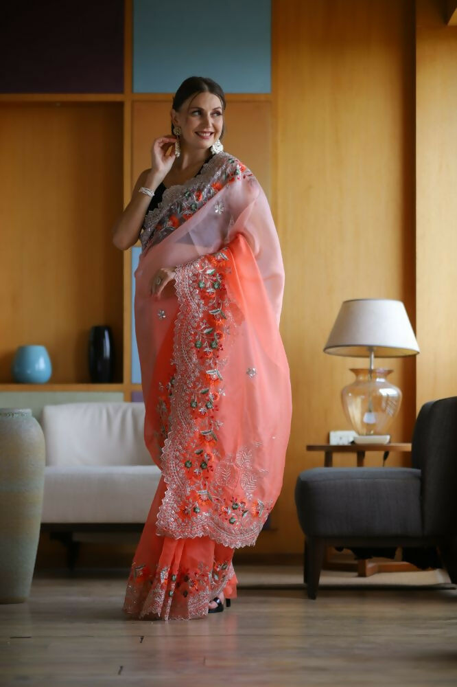 Vamsee Sanyogita Sanyogita - Orange Organza Saree - Swadesiicart