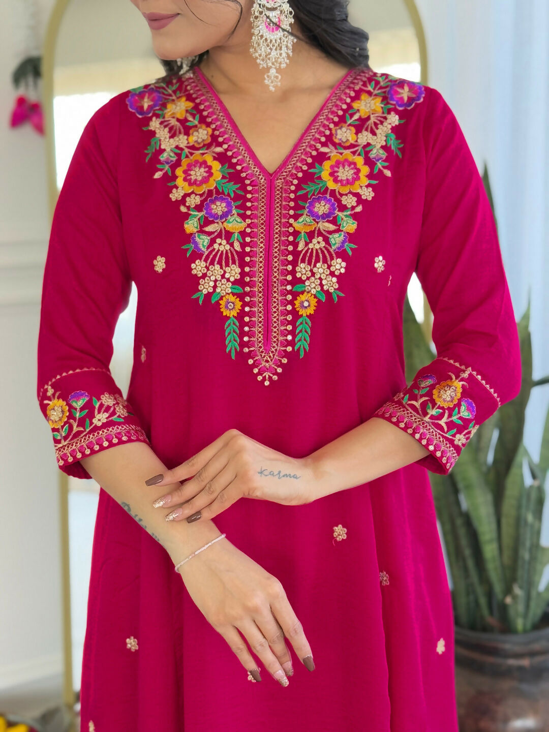The52 Rani Women's Beautiful Embroidered Work Vichitra Silk Fabric Straight Kurta Pant and Dupatta Set - Swadesiicart