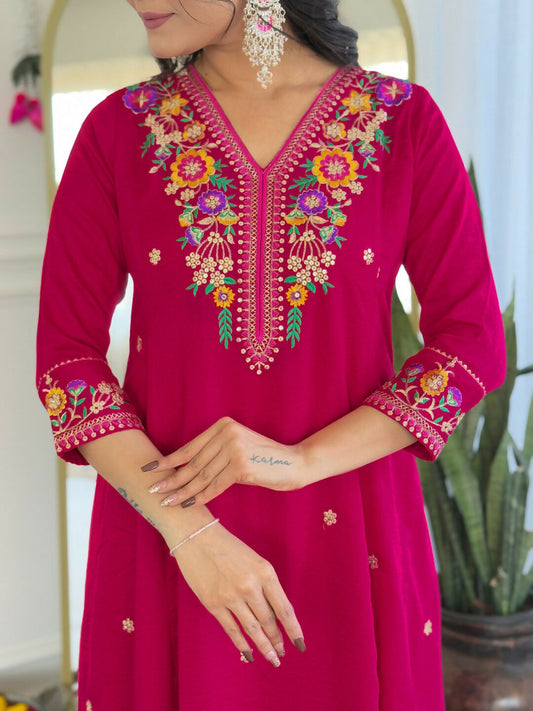 The52 Rani Women's Beautiful Embroidered Work Vichitra Silk Fabric Straight Kurta Pant and Dupatta Set - Swadesiicart