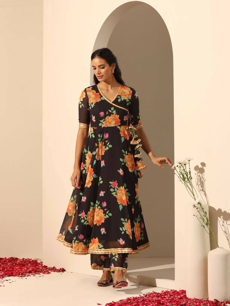 Pomcha Jaipur Black Gul Narangi Angrakha Set | Swadesiicart