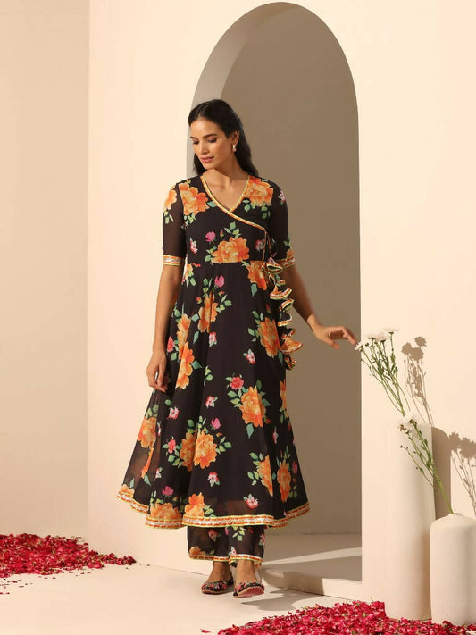 Pomcha Jaipur Black Gul Narangi Angrakha Set | Swadesiicart