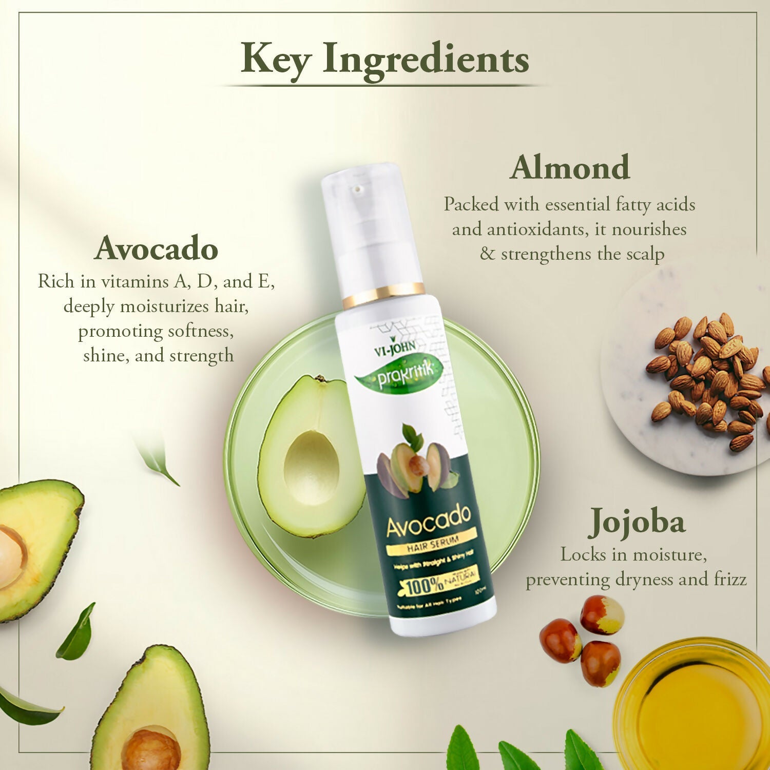 VI-JOHN Prakritik Avocado Hair serum Prevents dryness & Adds shine, 100% Natural Bio-Actives | Swadesiicart