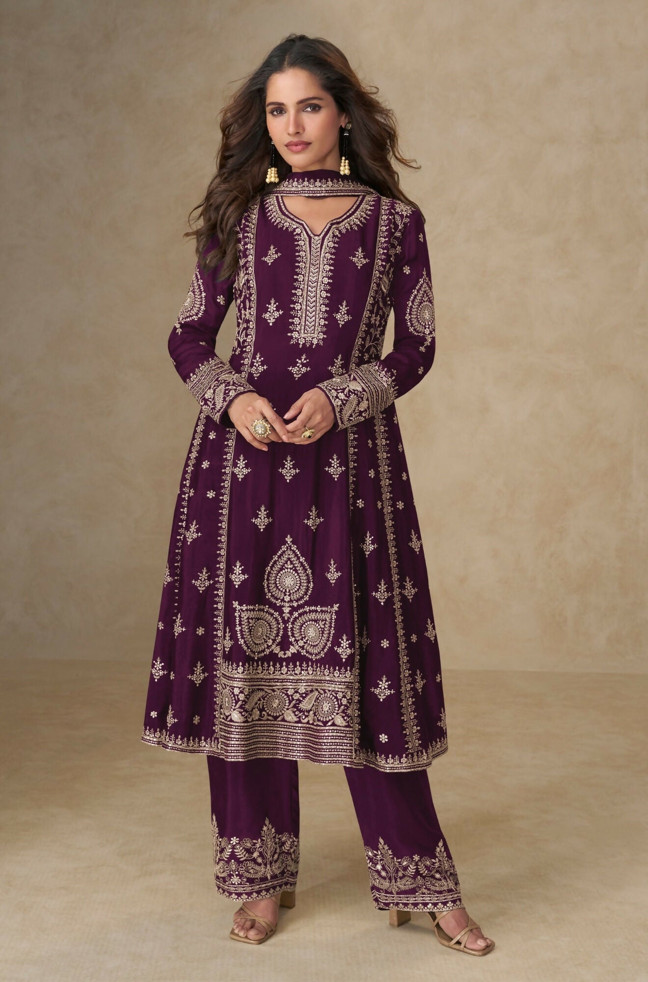 Anaita Dark Purple Chinon Silk Stitched Suit with Embroidery & Sequence Work
