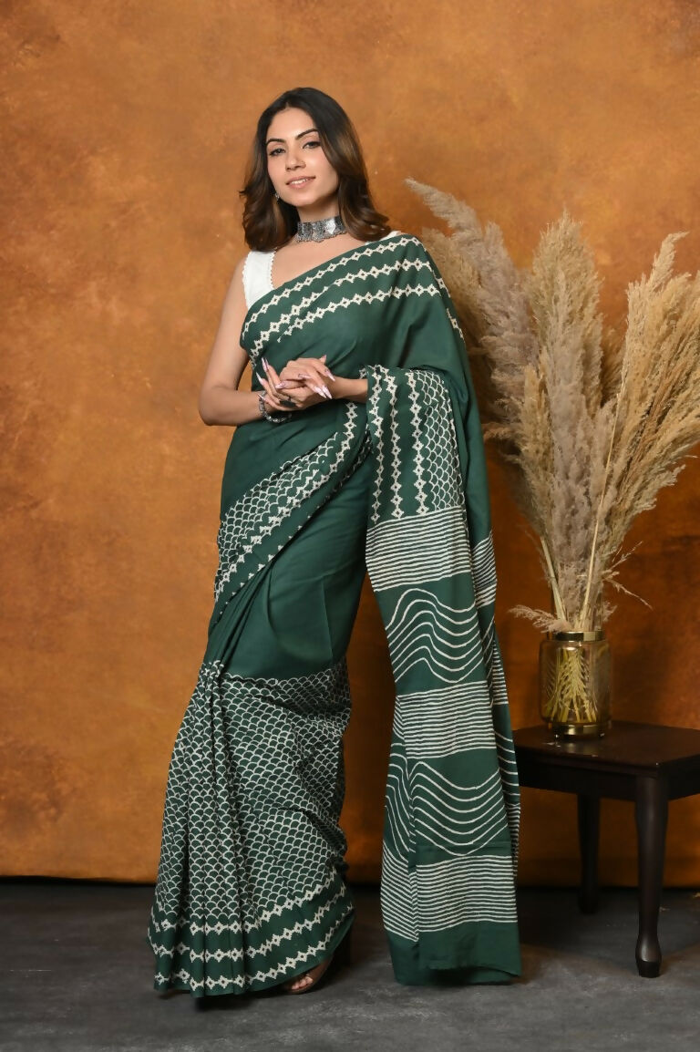 Very Much Indian Handblock Printed Cotton Saree With Natural Dyes - Leaf Green | Swadesiicart