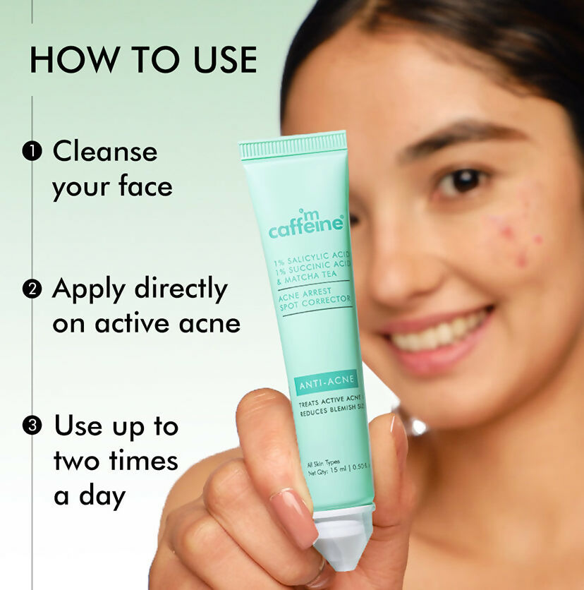 mCaffeine 1% Salicylic Acid 1% Succinic Acid & Matcha Tea Acne Arrest Spot Corrector - Treats Active Acne - Swadesiicart