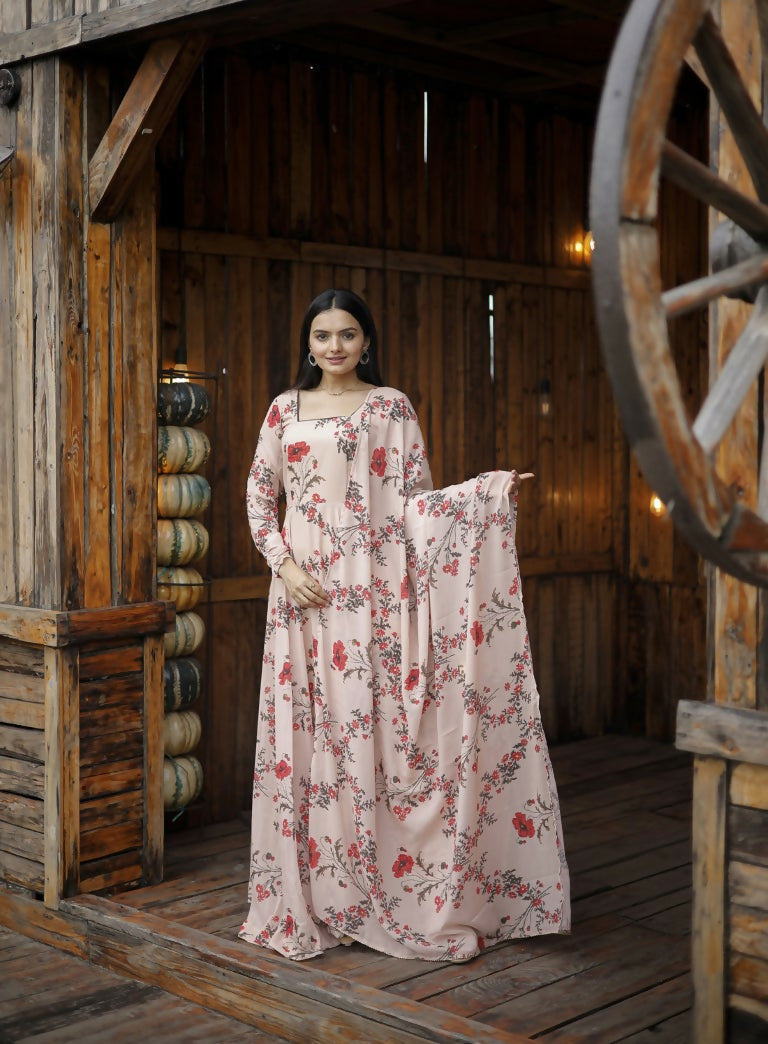 Jyoti Fashion Women's Cream Faux Georgette Floral Digital Printed Anarkali Dress with Dupatta | Swadesiicart