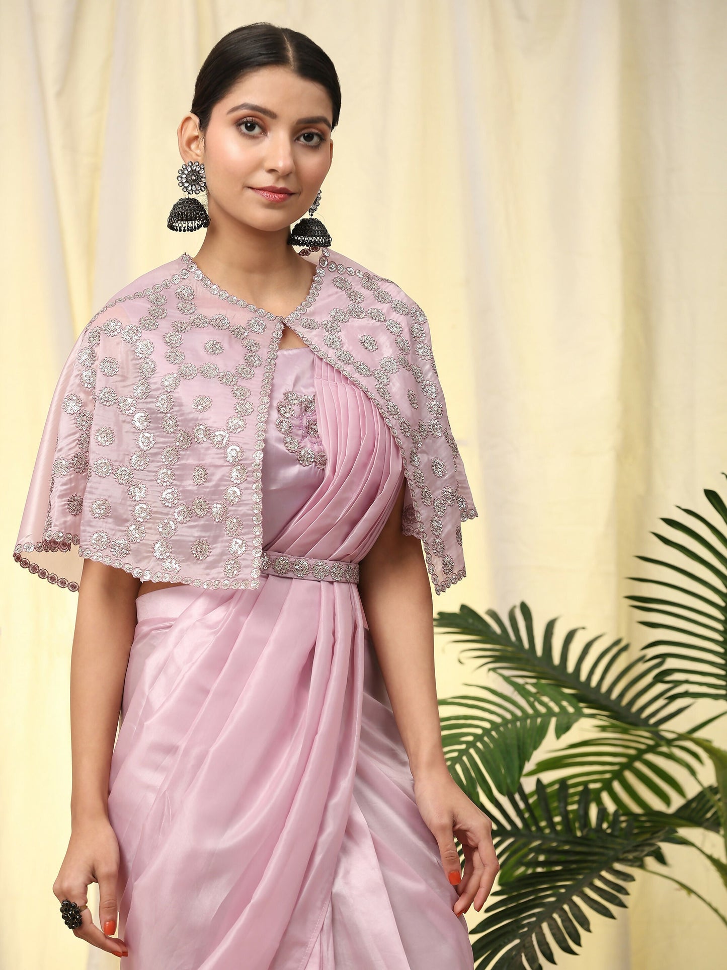 Light Lavendar Satin Solid Ready to wear Saree with stitched Blouse - Vanita | Swadesiicart