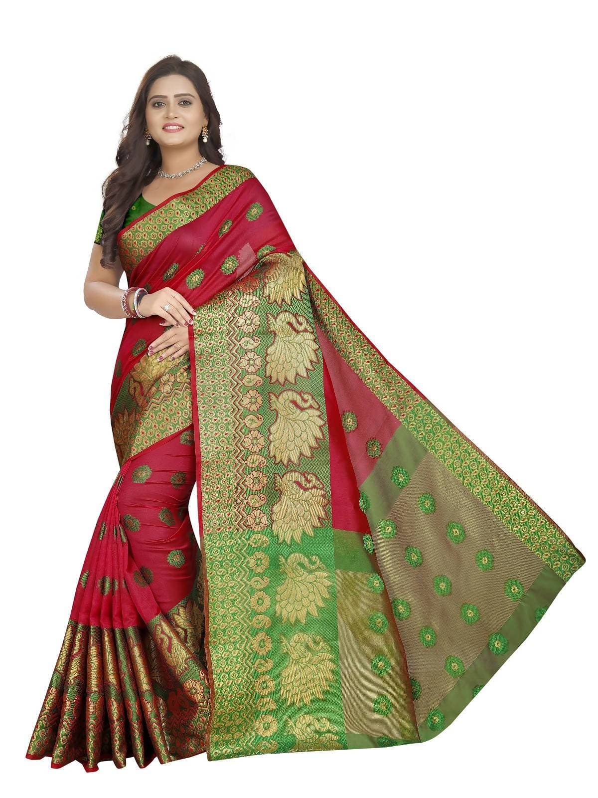 Vamika Banarasi Cotton Silk Red Weaving Saree | Swadesiicart