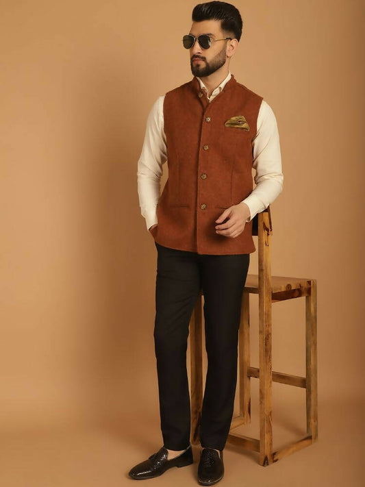 Even Apparels Pure Wool Nehru Jacket - Brown | Swadesiicart