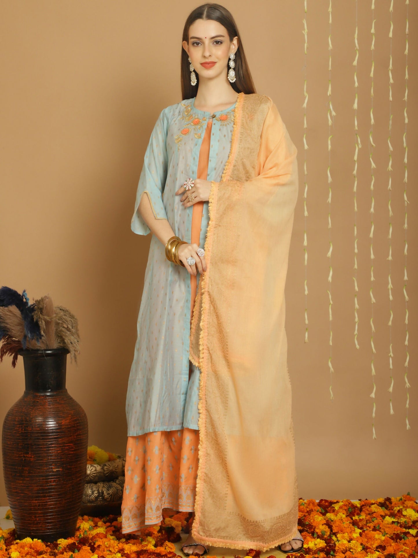 Jyoti Fashion Women's Turquoise Chanderi Silk Elegant Jardoshi Kurta with Trouser & Dupatta | Swadesiicart