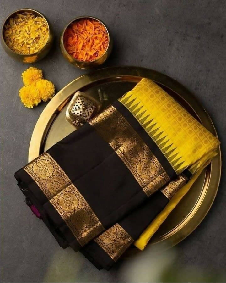DEIANA'S Beautiful Designer Golden zari Soft Lichi Silk Saree - Yellow - Swadesiicart