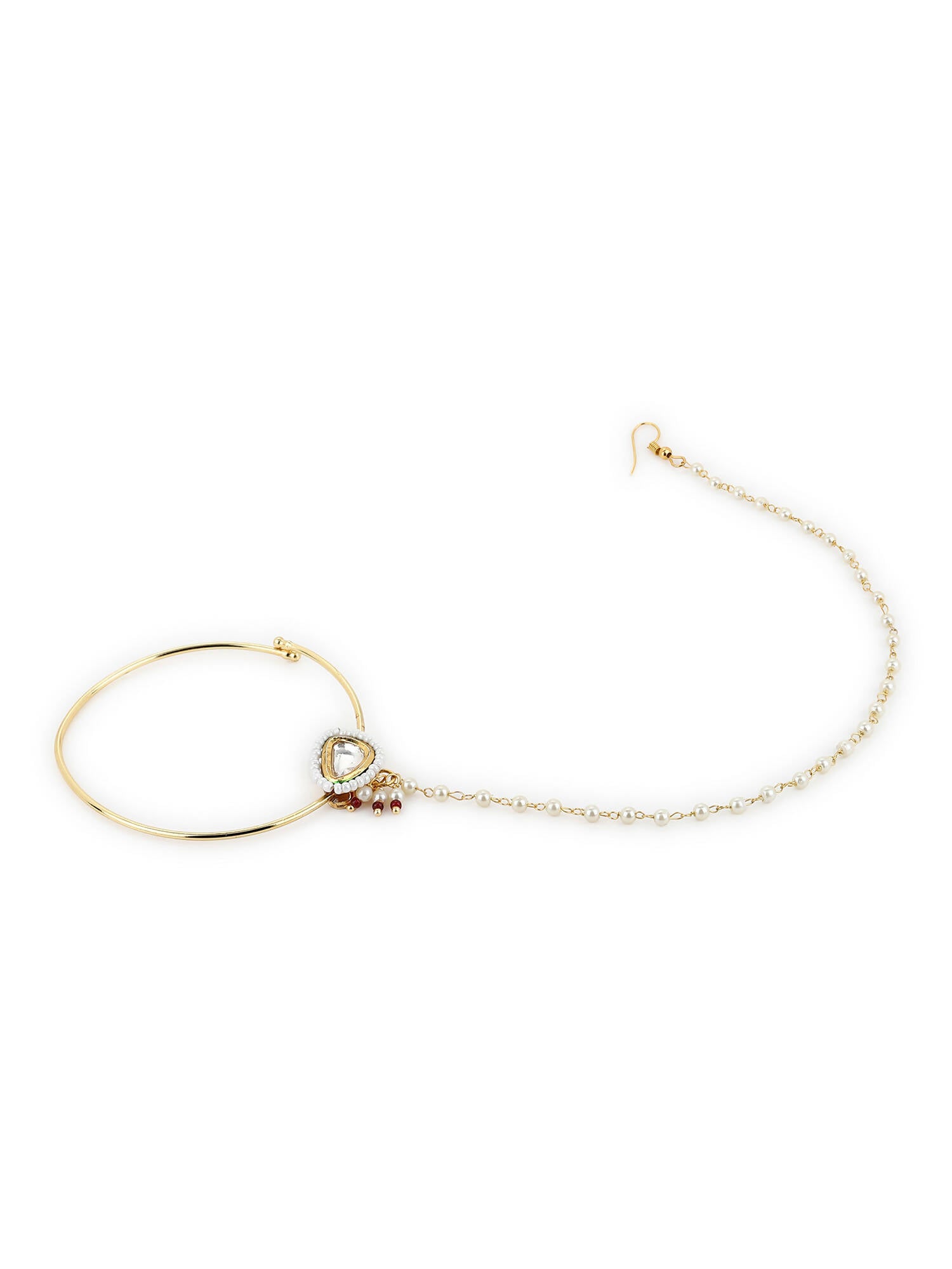 Gold-Polished White Kundan Studded Nose Pin With Beaded Extension - Ruby Raang | Swadesiicart