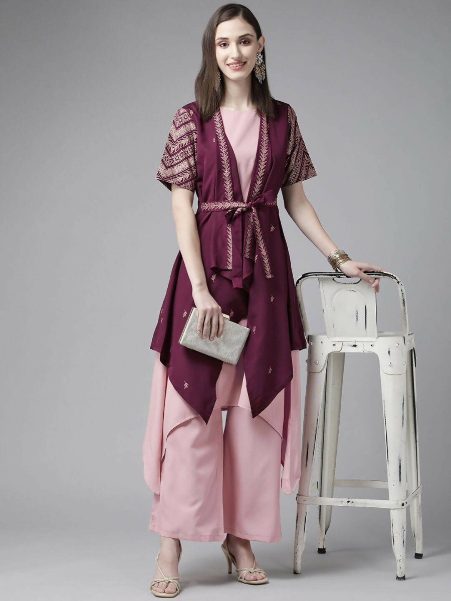 Ahalyaa Women Rose Pink Crepe Kurta Palazzos Set With Burgundy Jacket | Swadesiicart