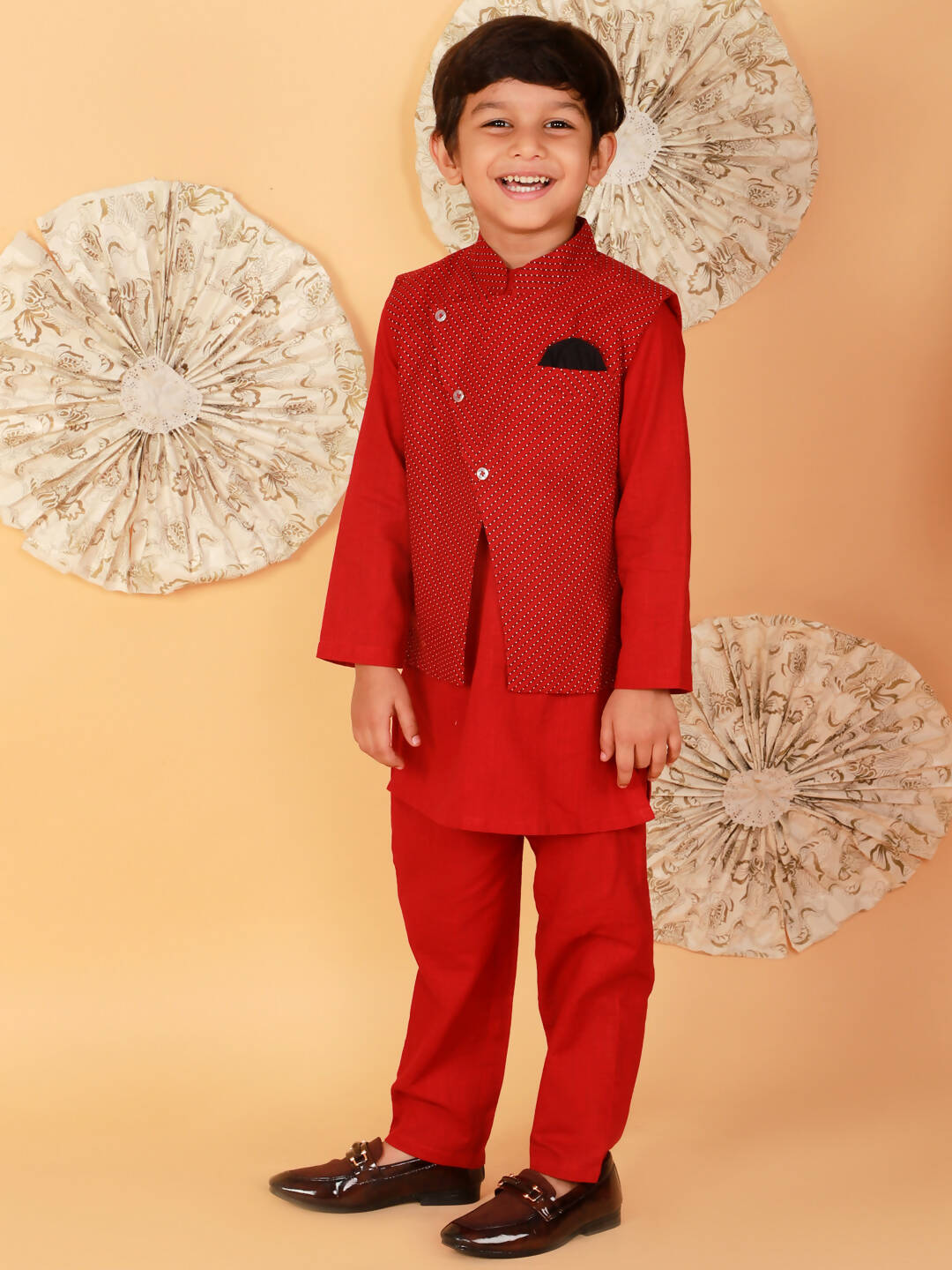 Lil Drama Boys Kurta Pyjama With Jacket Set - Red | Swadesiicart