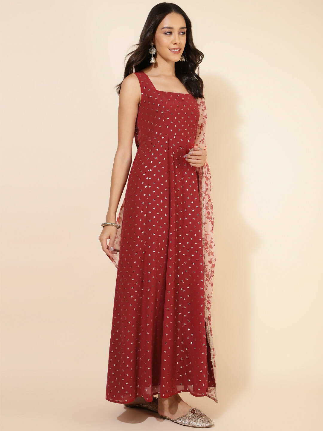 Janasya Women's Red Georgette Foil Printed Festive Anarkali Kurta Set | Swadesiicart