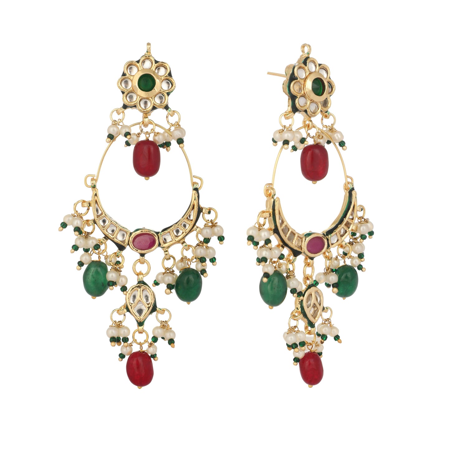 Nuyug 22K Gold Plated Crescent Kundan Drop Red Stone Chandbali Earrings | Swadesiicart
