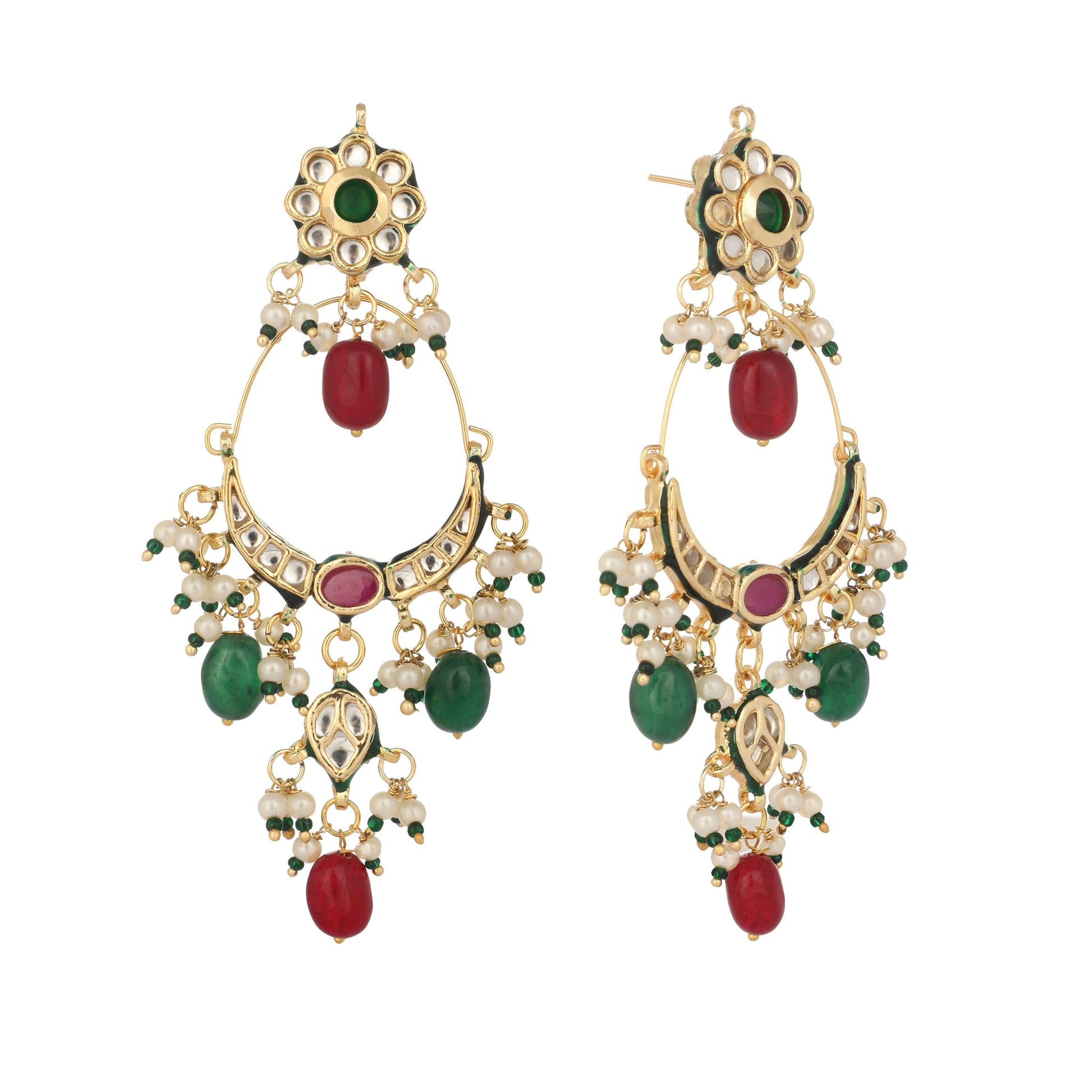 Nuyug 22K Gold Plated Crescent Kundan Drop Red Stone Chandbali Earrings | Swadesiicart