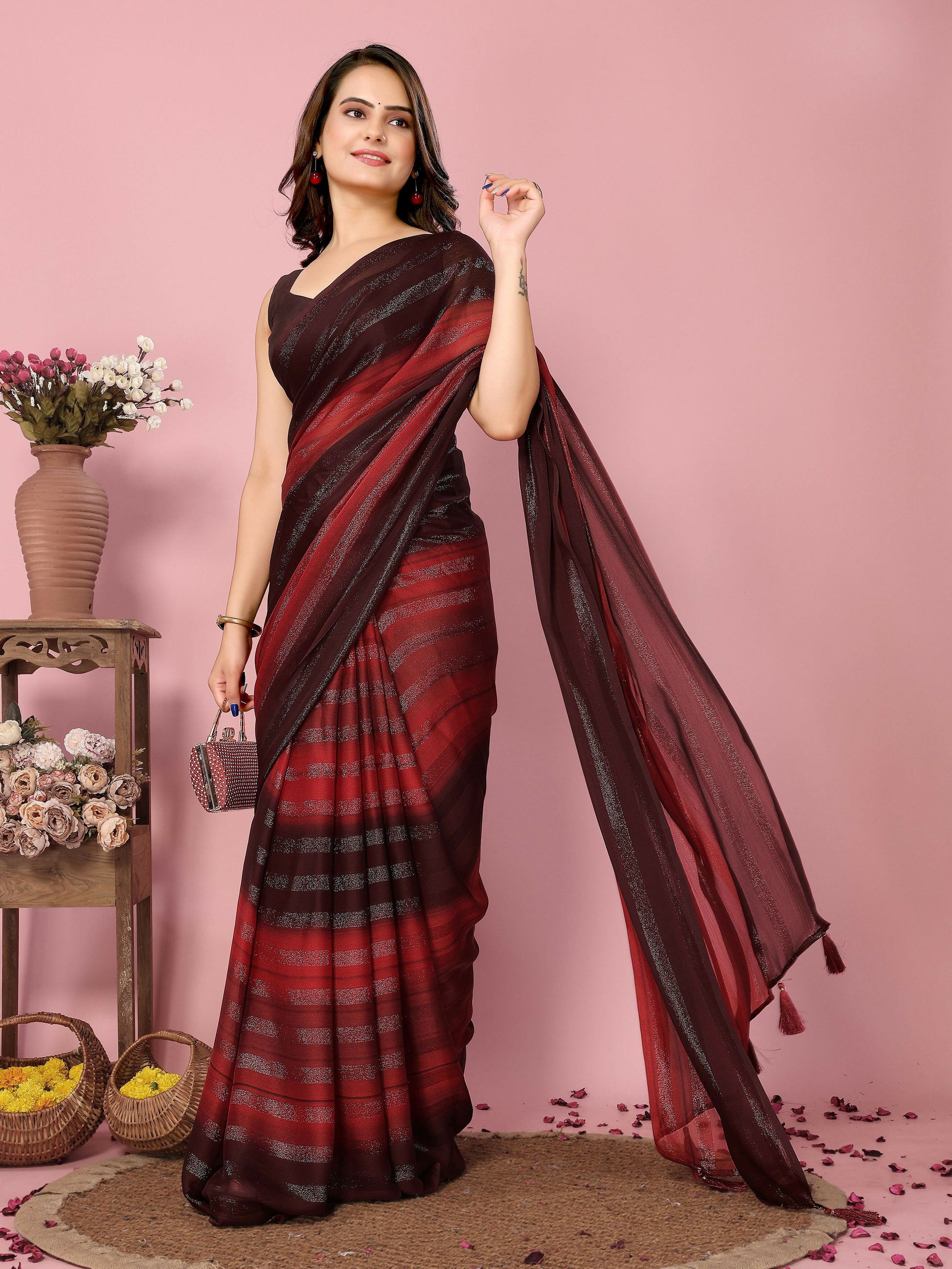 Attractive These Party Wear Ready To Wear Saree - Burgundy | Swadesiicart