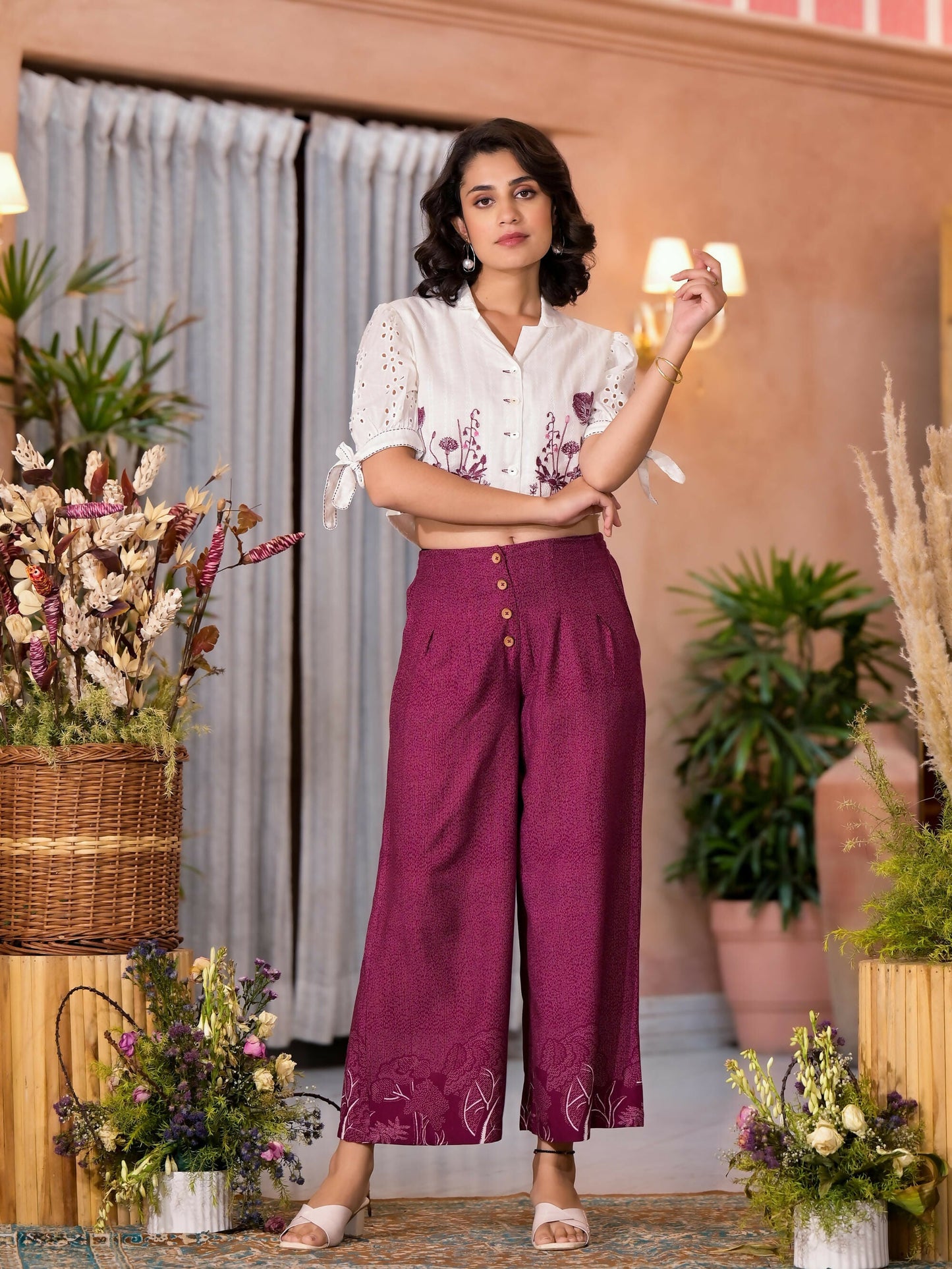 Juniper Women's Wine Thread Embroidered Cotton Shirt Crop Top & Pant Co-Ord Set With Buttons & Tie-ups - Swadesiicart