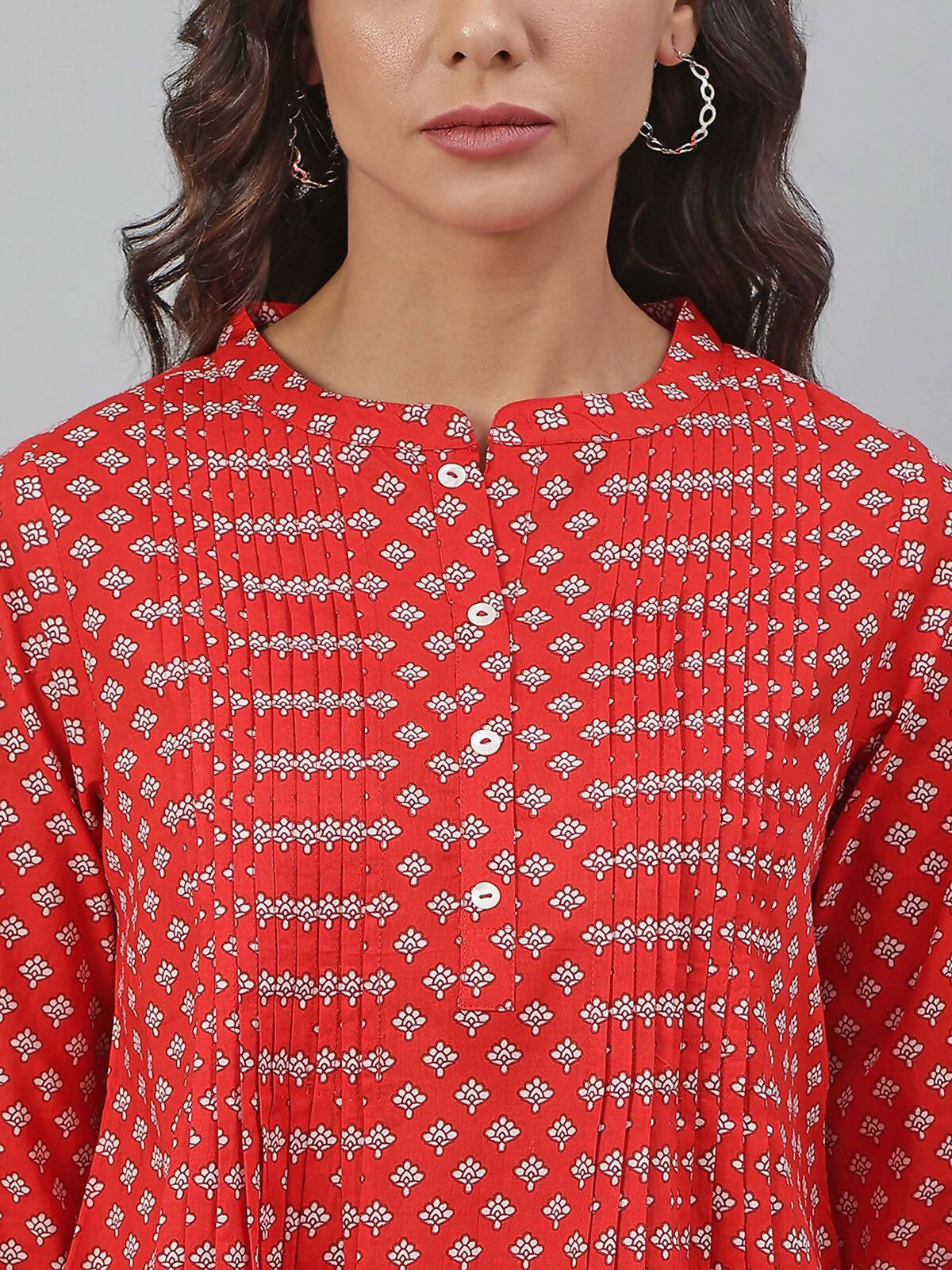 Janasya Women's Red Cotton Floral Print Flared Top | Swadesiicart