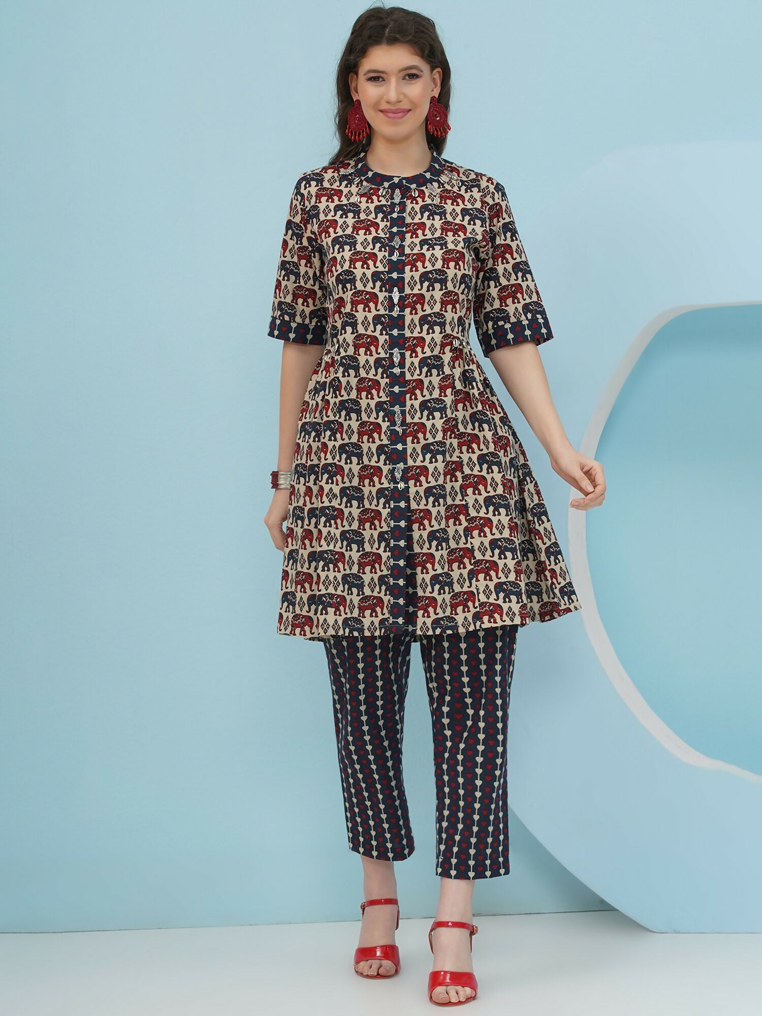 Joban Fashion Elephant Printed Co Ord Set - Beige - Swadesiicart