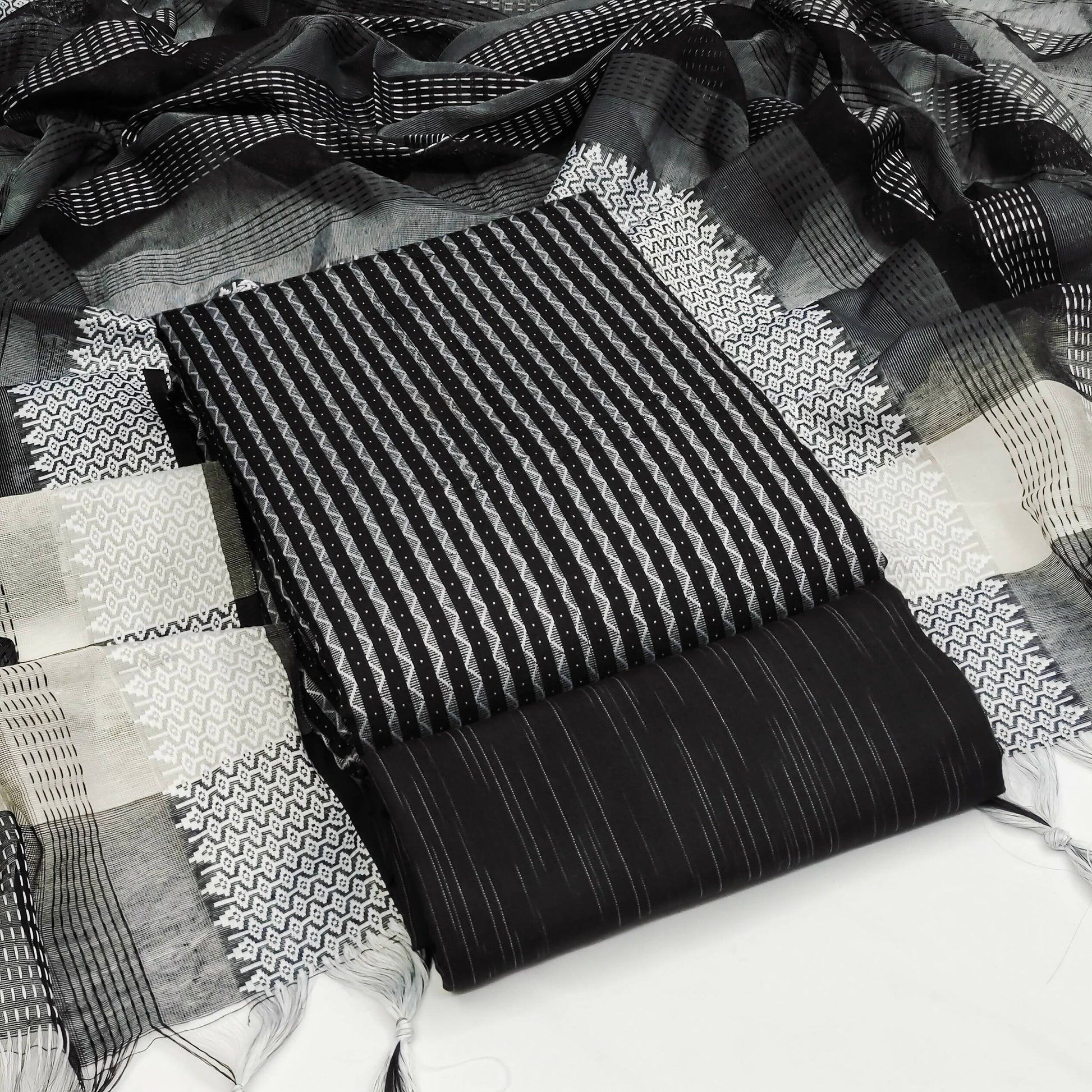 Black Cotton Jacquard Woven Unstitched Dress Material - Amara