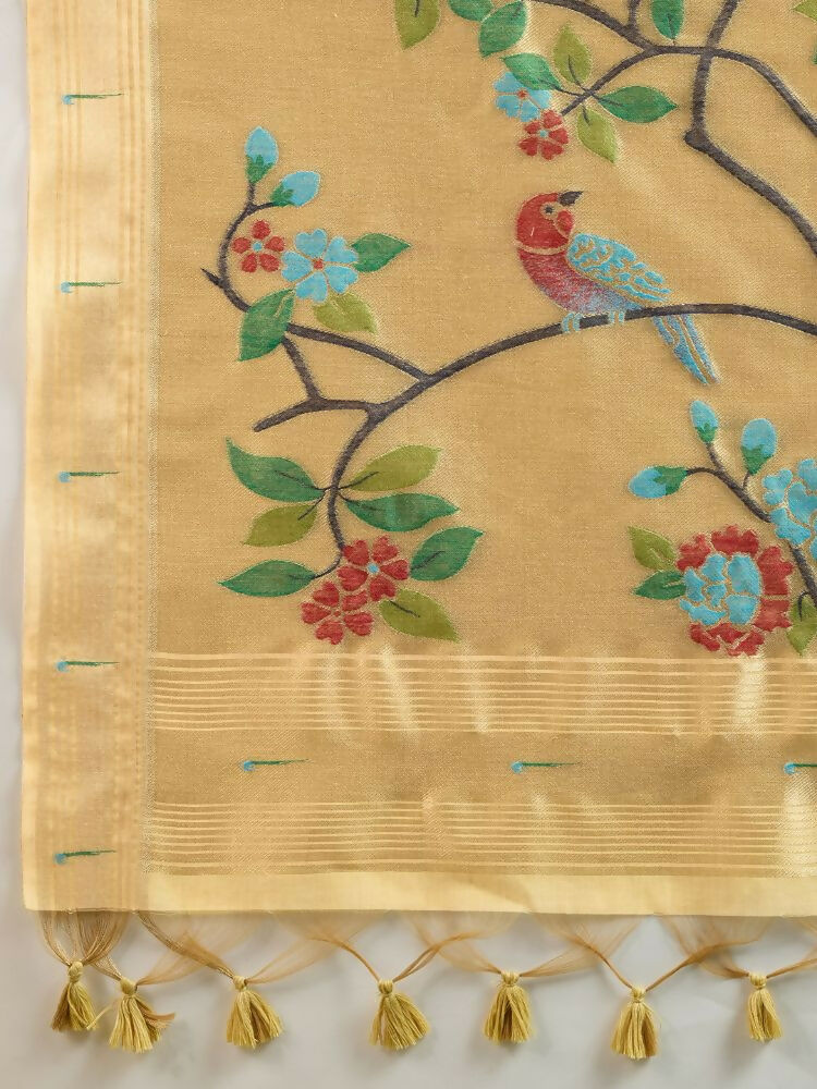 Vishnu Weaves Women's Yellow Muga Cotton Thread Woven Butti with Blouse - Swadesiicart
