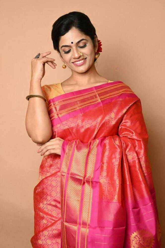 Very Much Indian Silk Handloom Maharani Paithani Complete Brocade Work Throughout Saree Peach Pink | Swadesiicart
