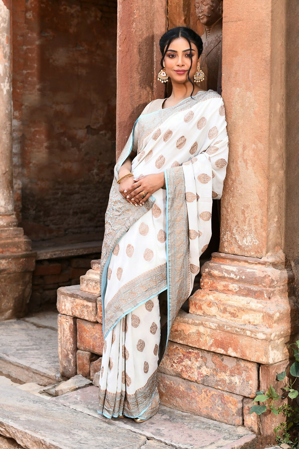 Joban Fashion Light Sky Blue Crepe Chiffon Pure Handloom Banarasi Silk Saree | Swadesiicart
