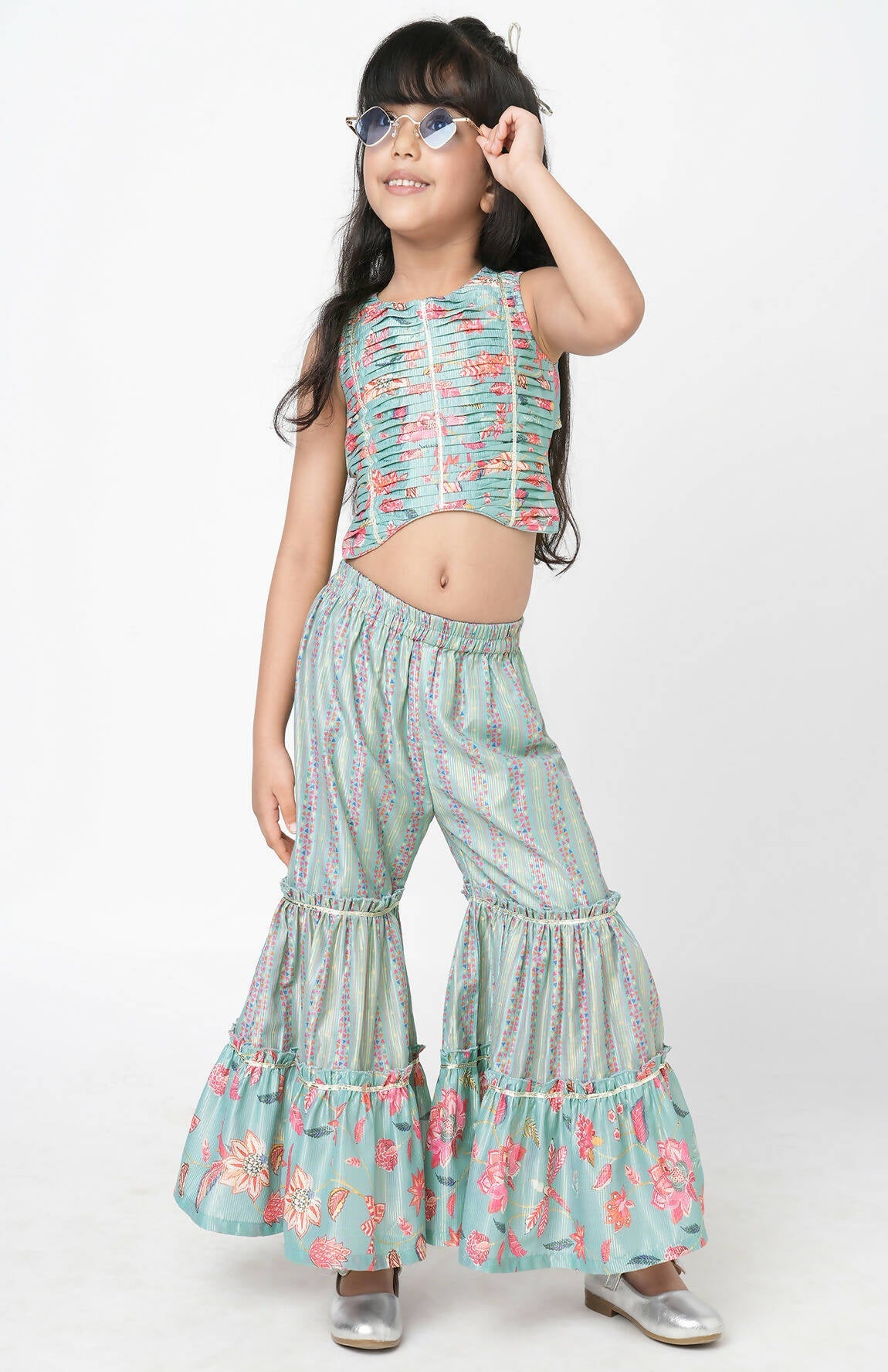 Lil Drama Golden Weaves Blue Crop Top With Palazzo Co-Ordinate Set - Swadesiicart
