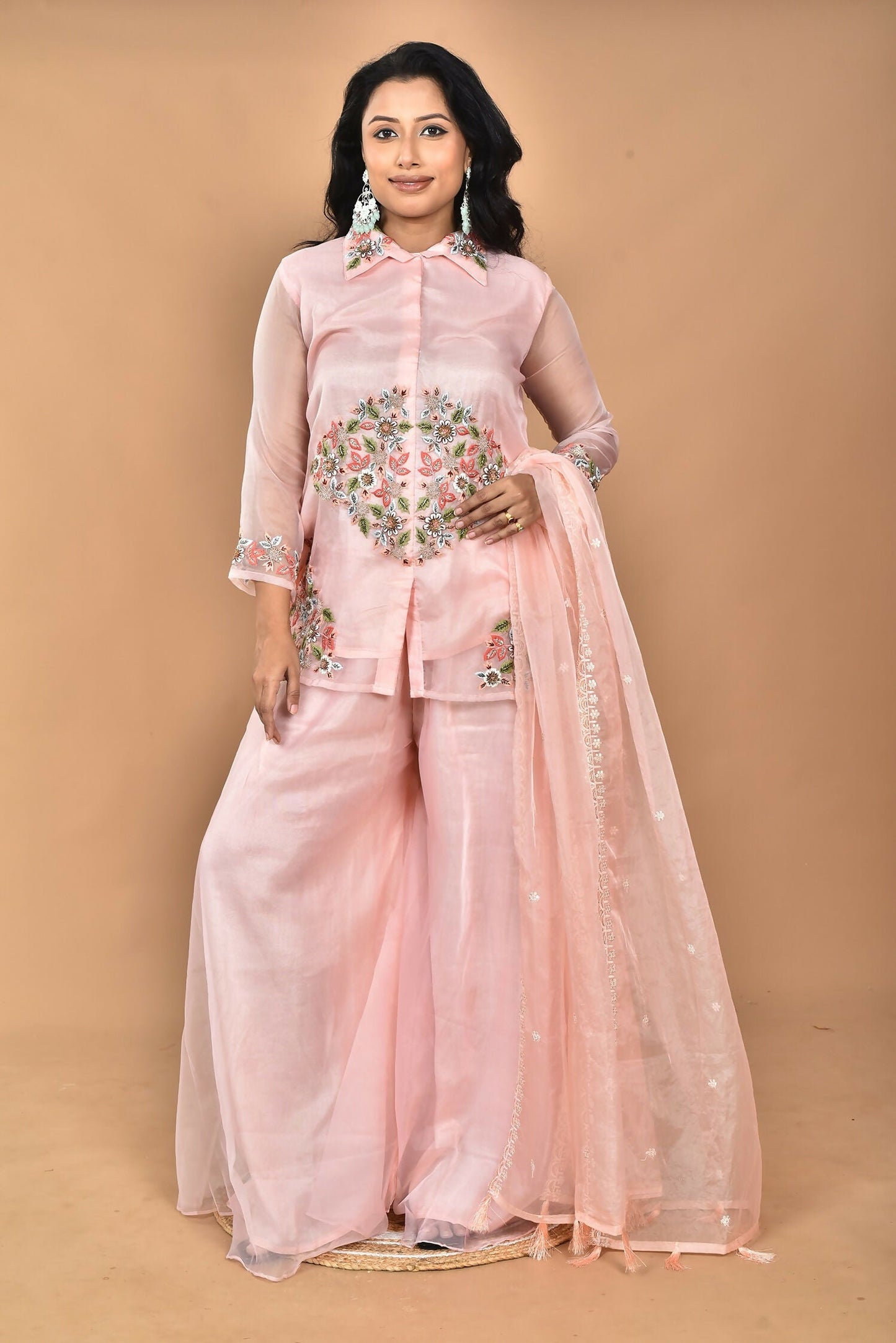 Morchari Women And Hand Embroidery Palazzo Set-Peach - Swadesiicart