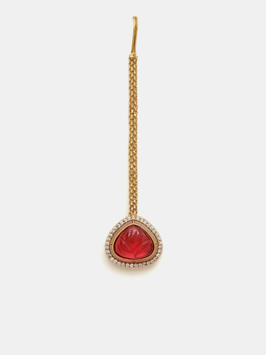Ruby Raang Gold Polished Maroon Stone Kundan Maang Tikka | Swadesiicart