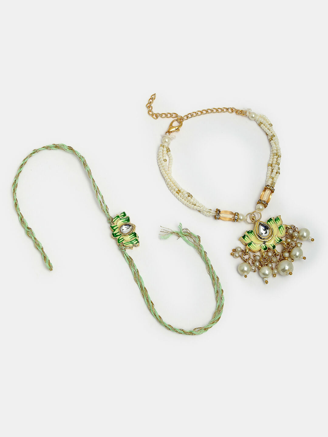 NVR Women & Men Set of 2 Green Lotus Shape Kundan-Studded & Beaded Wraparound Rakhi Set With Roli Chawal & Chocolate | Swadesiicart