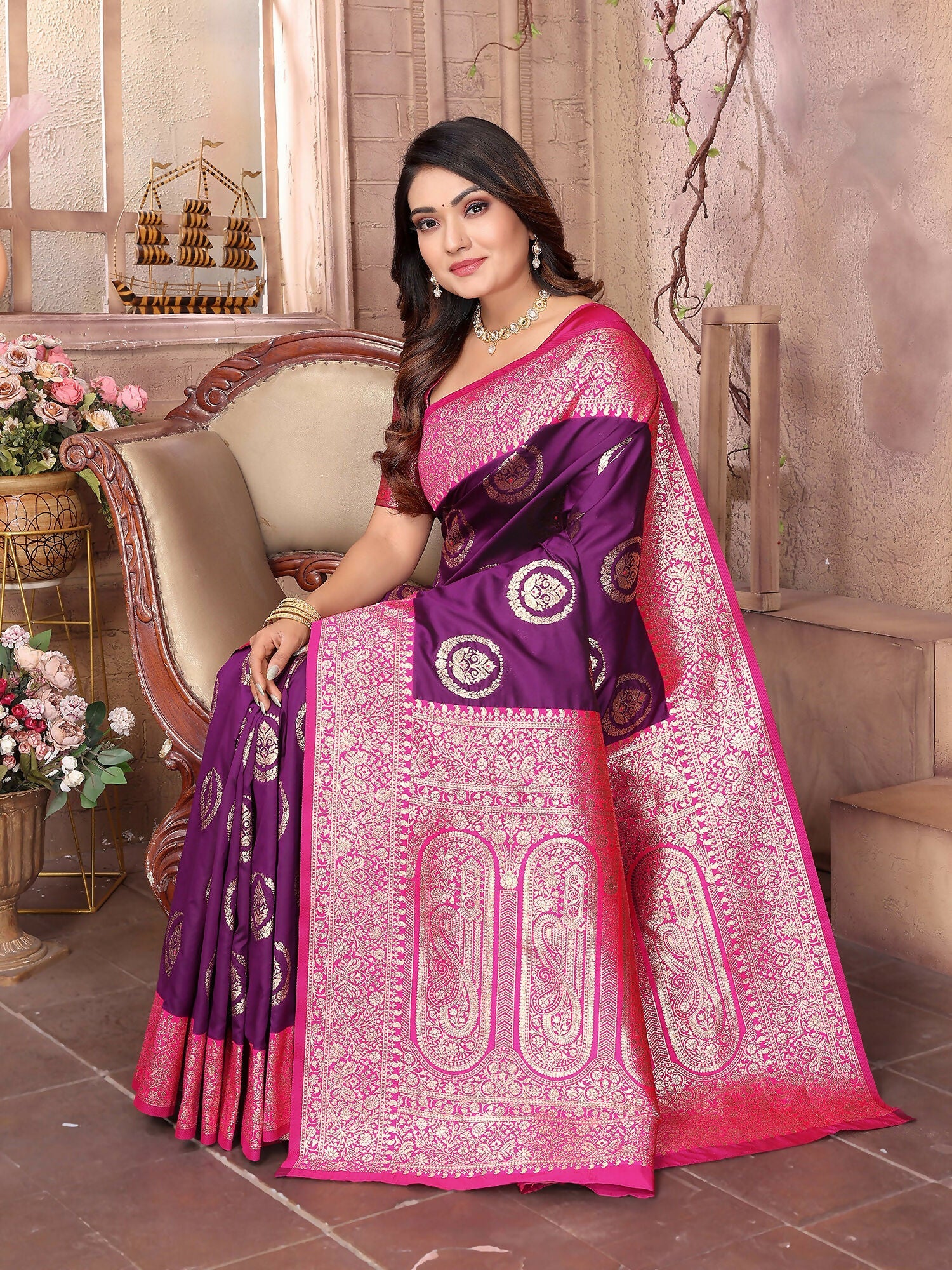 Joban Fashion Purple Banarasi Soft Silk Woven Saree | Swadesiicart