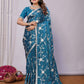 Blue Pure Satin Embroidered Saree With Stitched Blouse - Nimaya Kaksha
