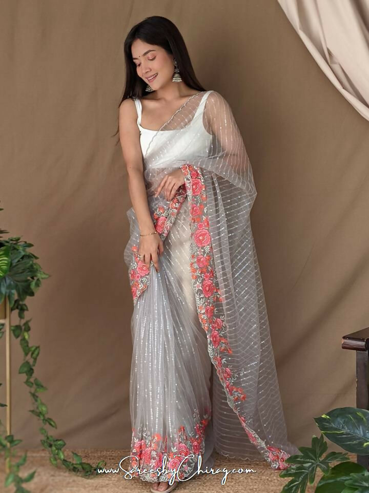 Vamsee Murari Grey Super Net Saree - Swadesiicart