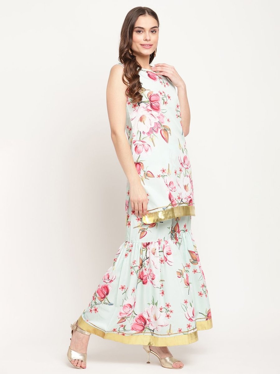 Ahalyaa Women's Mint Green Crepe Digital Floral Print Kurta Sharara Set with Dupatta | Swadesiicart