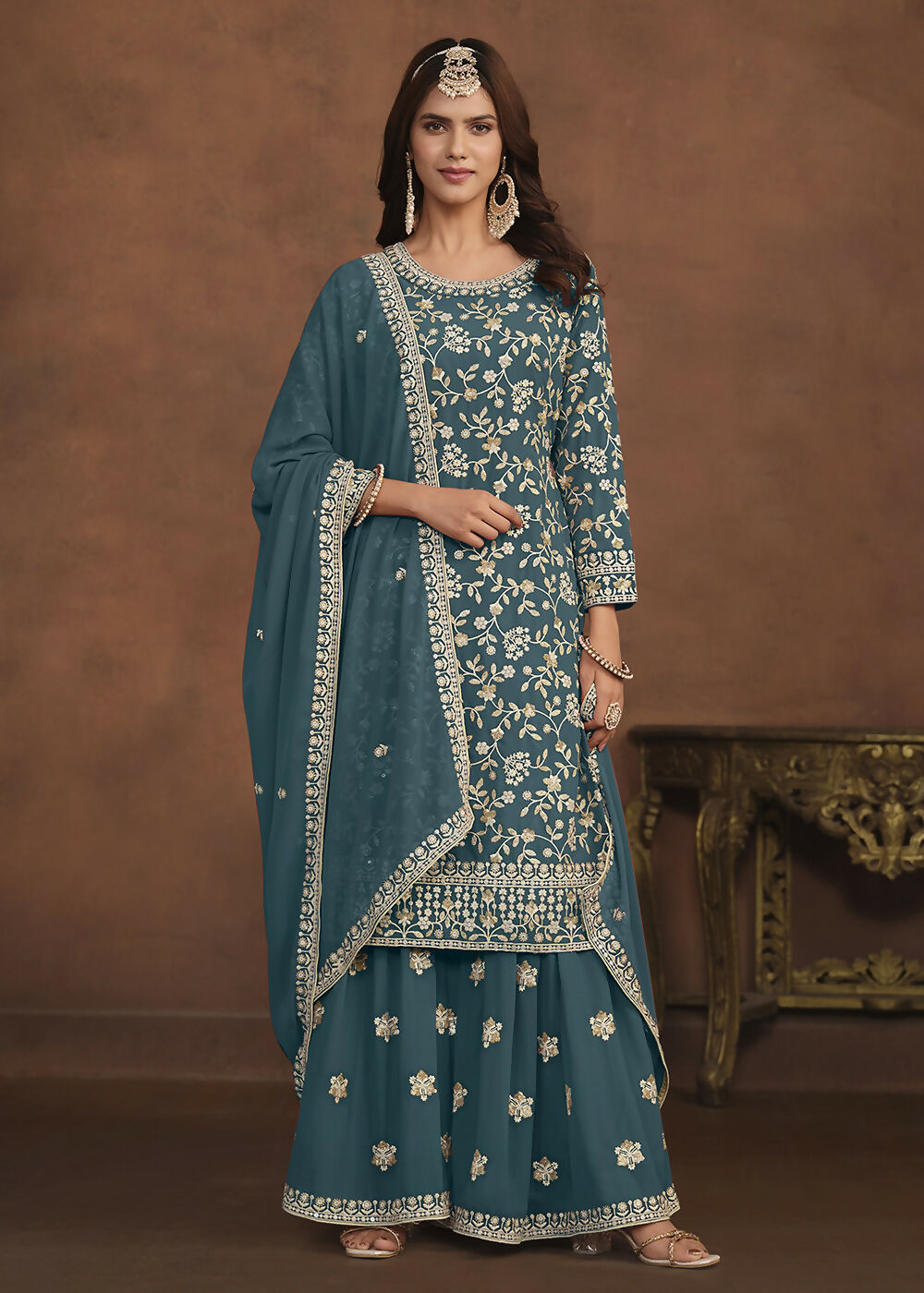 Faux Georgette Teal Blue Embroidered Festive Salwar Suit - Emponline | Swadesiicart