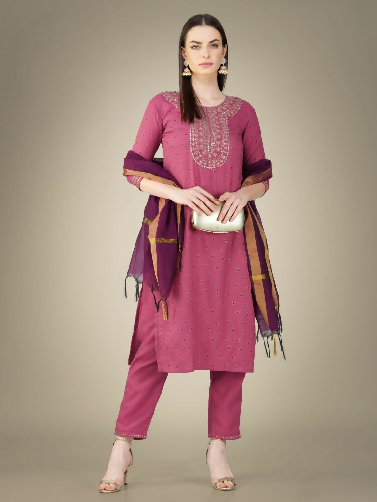 Jyoti Fashion Women's Wine Cotton Magic Slub Embroidery & Sequence work Kurta with Trouser & Dupatta | Swadesiicart