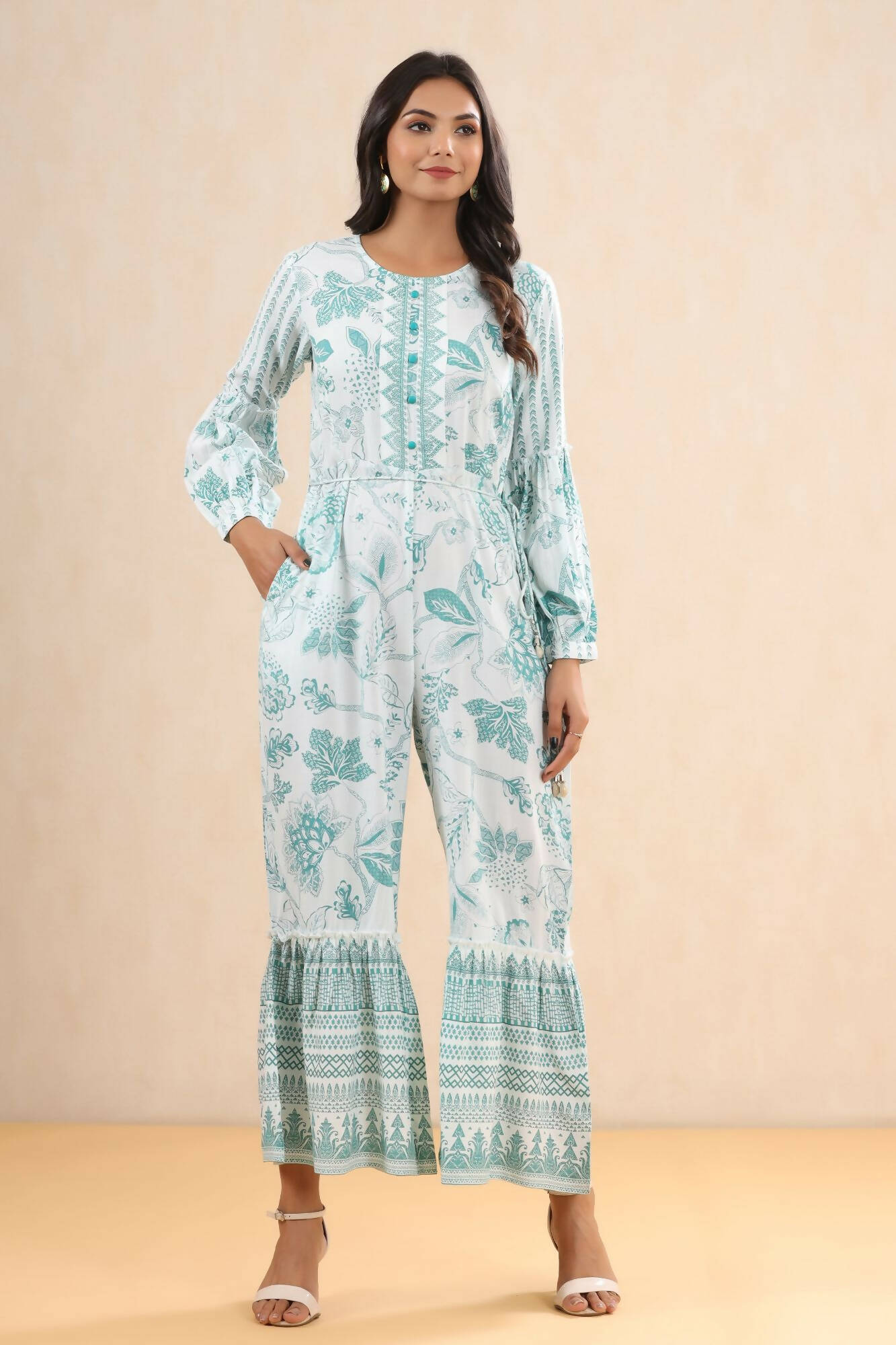 Juniper Women Teal Rayon Printed Straight Jumpsuit - Swadesiicart