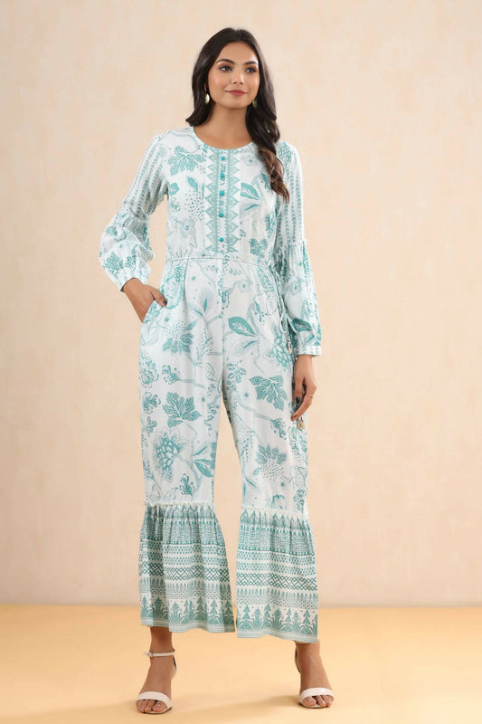 Juniper Women Teal Rayon Printed Straight Jumpsuit - Swadesiicart
