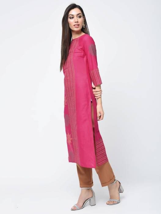 Aniyah Cotton Block Printed Straight Kurta Magenta Color (AN-127K) - Swadesiicart
